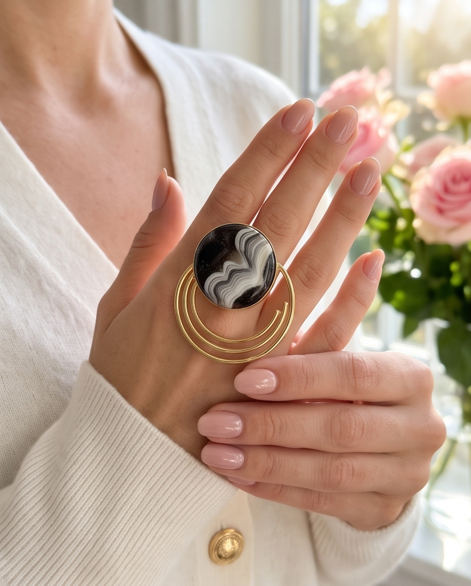 Bague calcite zèbre ronde - Vue 1 - Pièce unique faite main