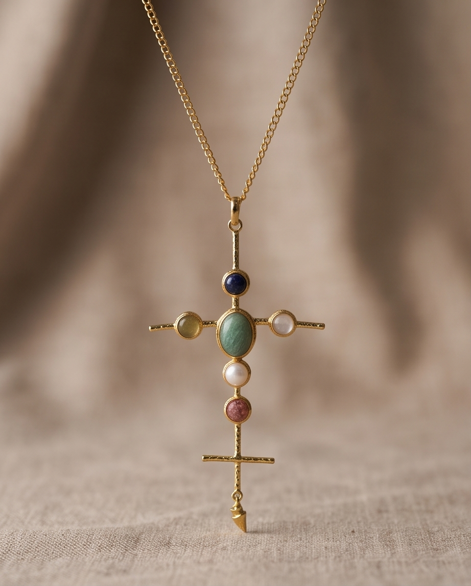 Pendentif croix multipierres et sa chaîne - Vue 4 - Pièce unique faite main