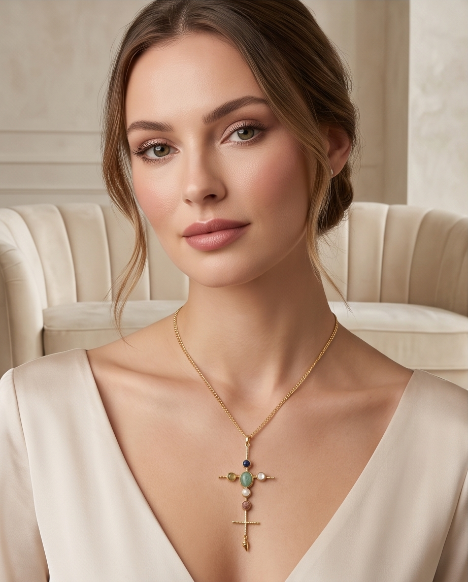 Pendentif croix multipierres et sa chaîne - Vue 3 - Pièce unique faite main
