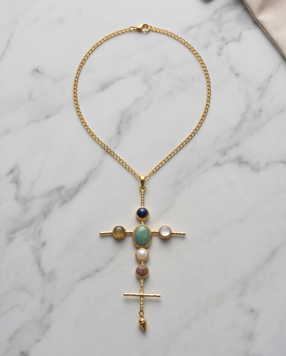 Pendentif croix multipierres et sa chaîne - Vue 6 - Pièce unique faite main