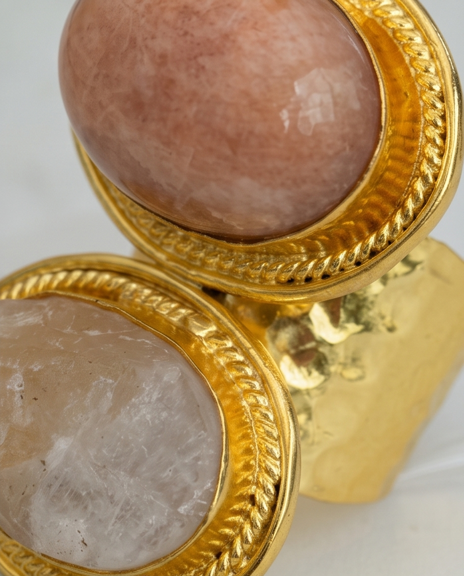 Bague ajustable pierre de lune pêche & pierre de lune brute - Vue 3 - Pièce unique faite main