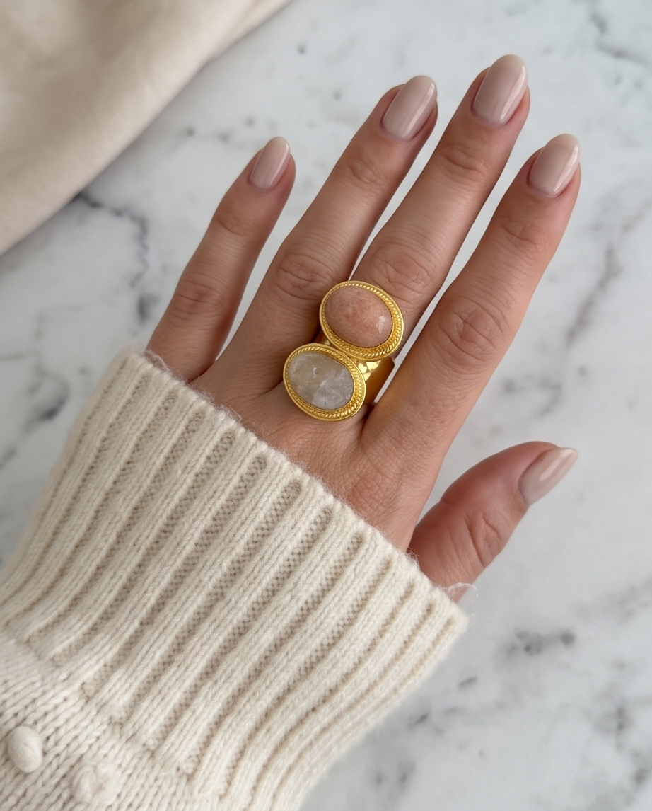 Bague ajustable pierre de lune pêche & pierre de lune brute