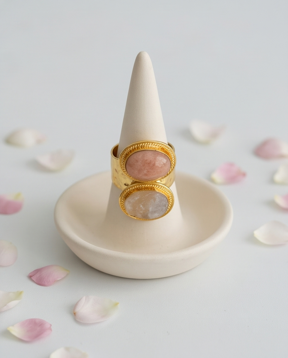 Bague ajustable pierre de lune pêche & pierre de lune brute