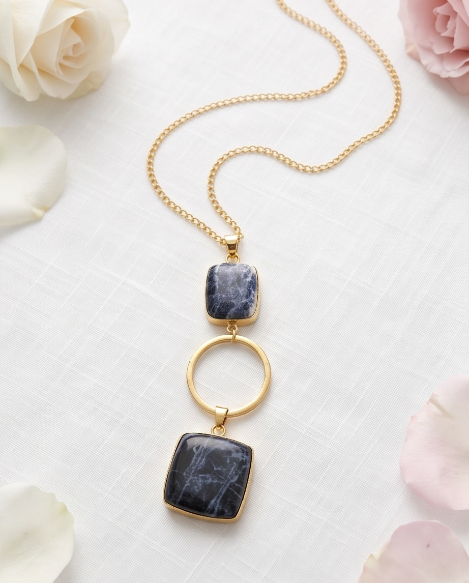 Pendentif double sodalite et sa chaine. - Vue 3 - Pièce unique faite main