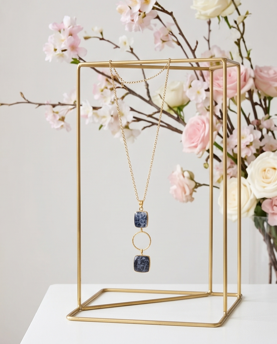 Pendentif double sodalite et sa chaine. - Vue 2 - Pièce unique faite main