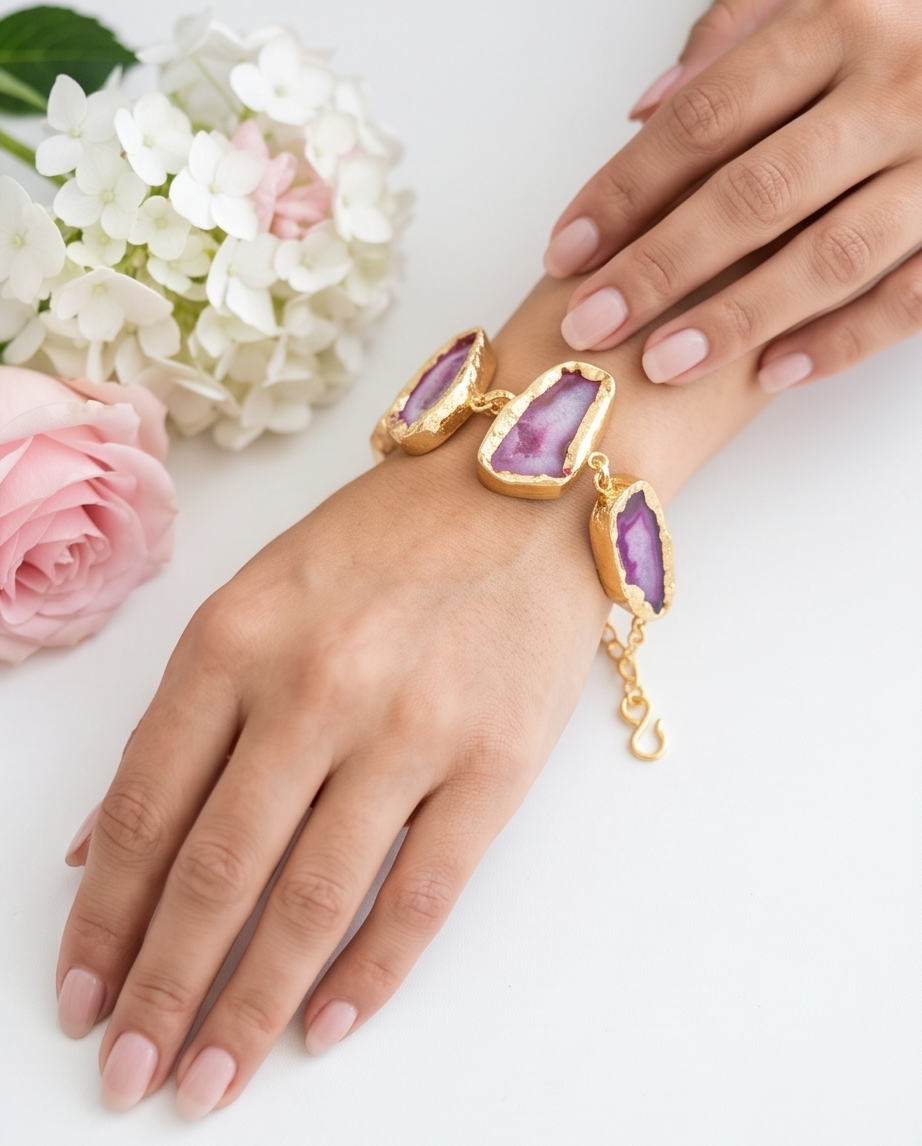 Bracelet 5 cabochons d'agate druzy. - Vue 2 - Pièce unique faite main