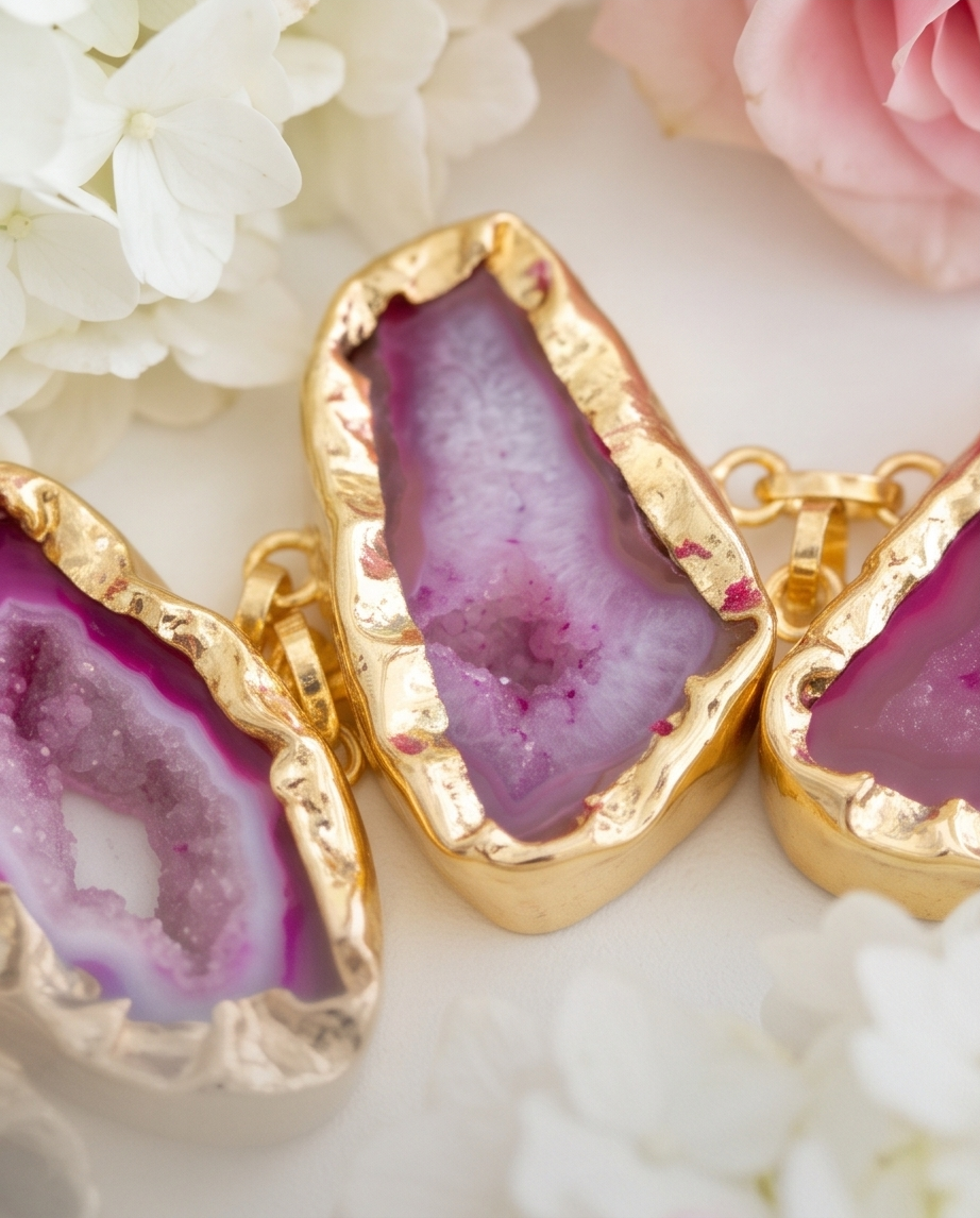 Bracelet 5 cabochons d'agate druzy. - Vue 4 - Pièce unique faite main