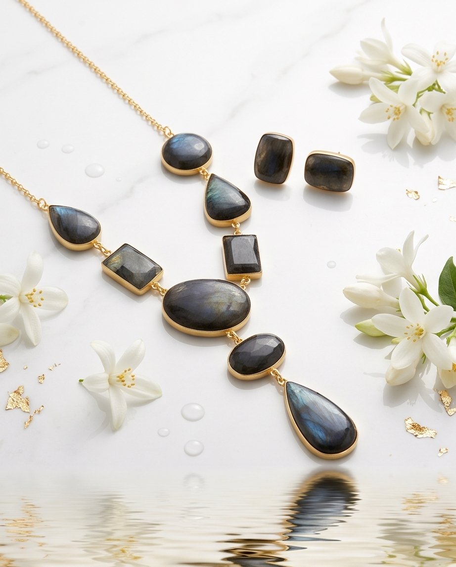 Collier cabochons de labradorite & boucles d’oreilles clous assorties
