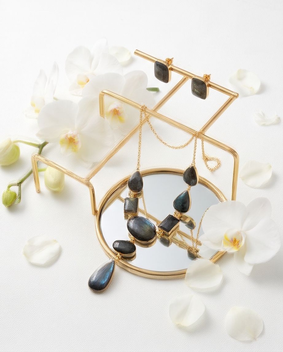 Collier cabochons de labradorite & boucles d’oreilles clous assorties - Vue 4 - Pièce unique faite main