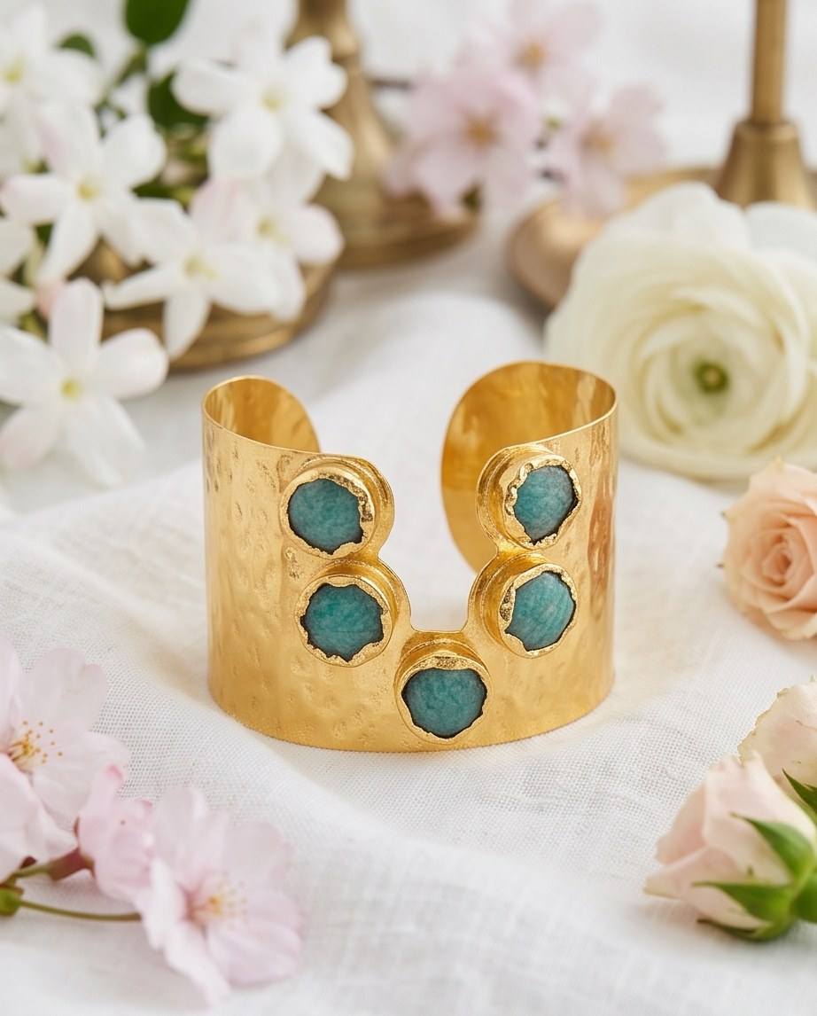 Manchette Céleste. Cabochons d’amazonite & fini martelé - Vue 6 - Pièce unique faite main