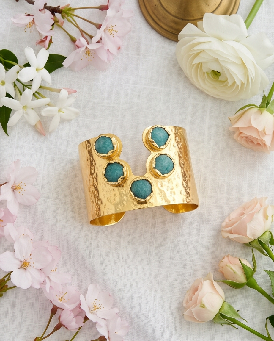 Manchette Céleste. Cabochons d’amazonite & fini martelé