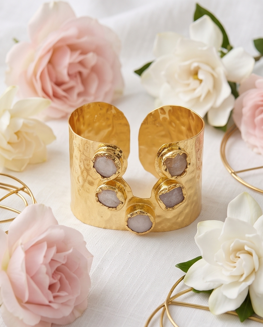 Manchette Céleste. Cabochons de pierre de lune & fini martelé