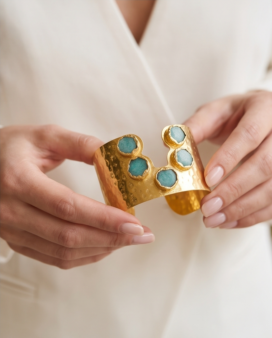 Manchette Céleste. Cabochons d’amazonite & fini martelé