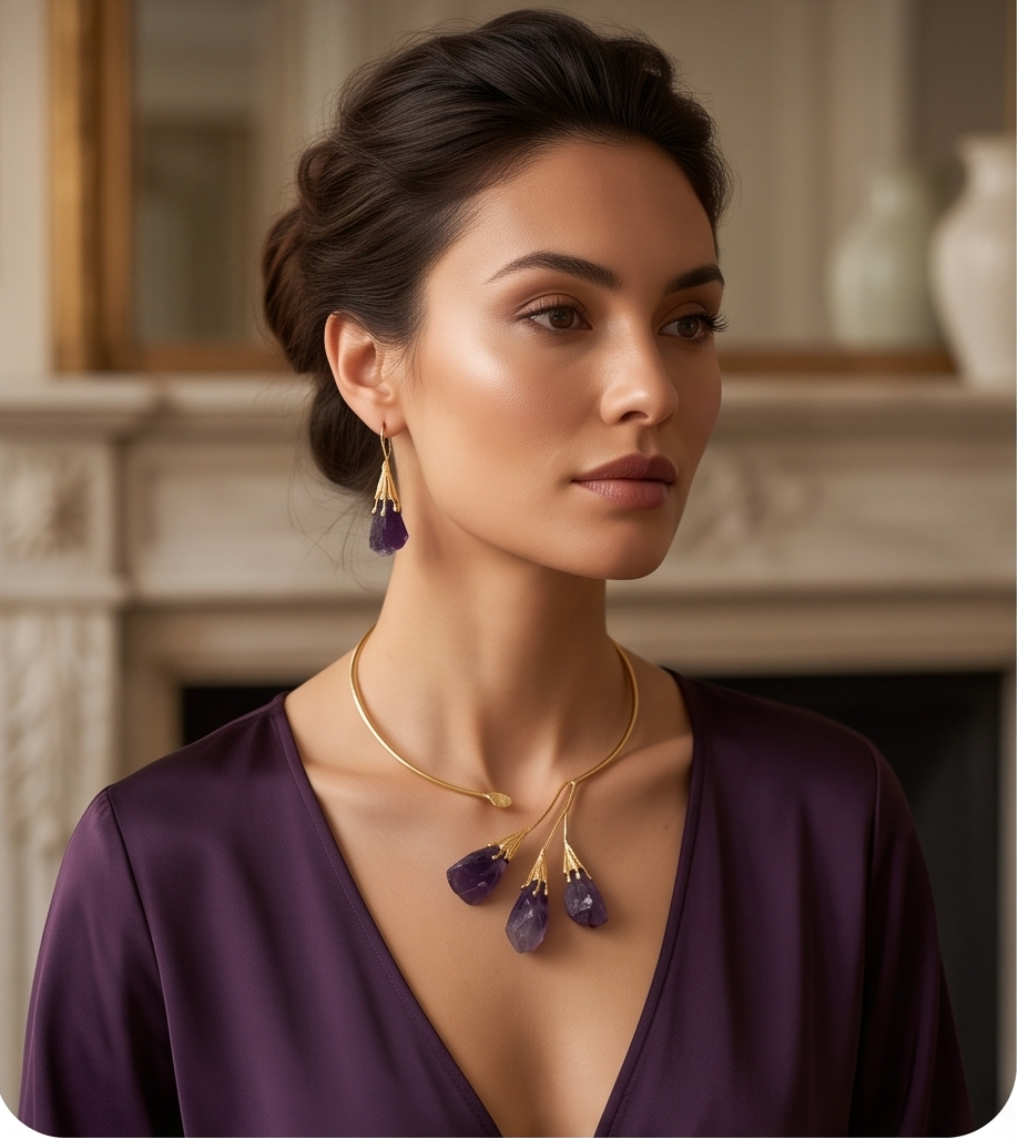 Torque Gouttes d’améthystes brutes & boucles d’oreilles assorties