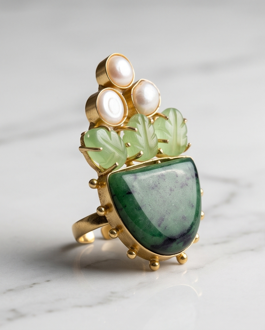 Bague racine d’émeraude, néphrite sculptée & perles de culture - Vue 6 - Pièce unique faite main