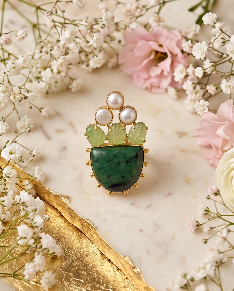 Bague racine d’émeraude, néphrite sculptée & perles de culture - Vue 3 - Pièce unique faite main