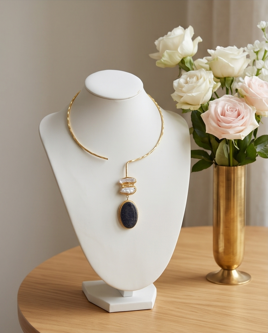 Torque Comète lapis-lazuli & perles de Biwa - Vue 4 - Pièce unique faite main