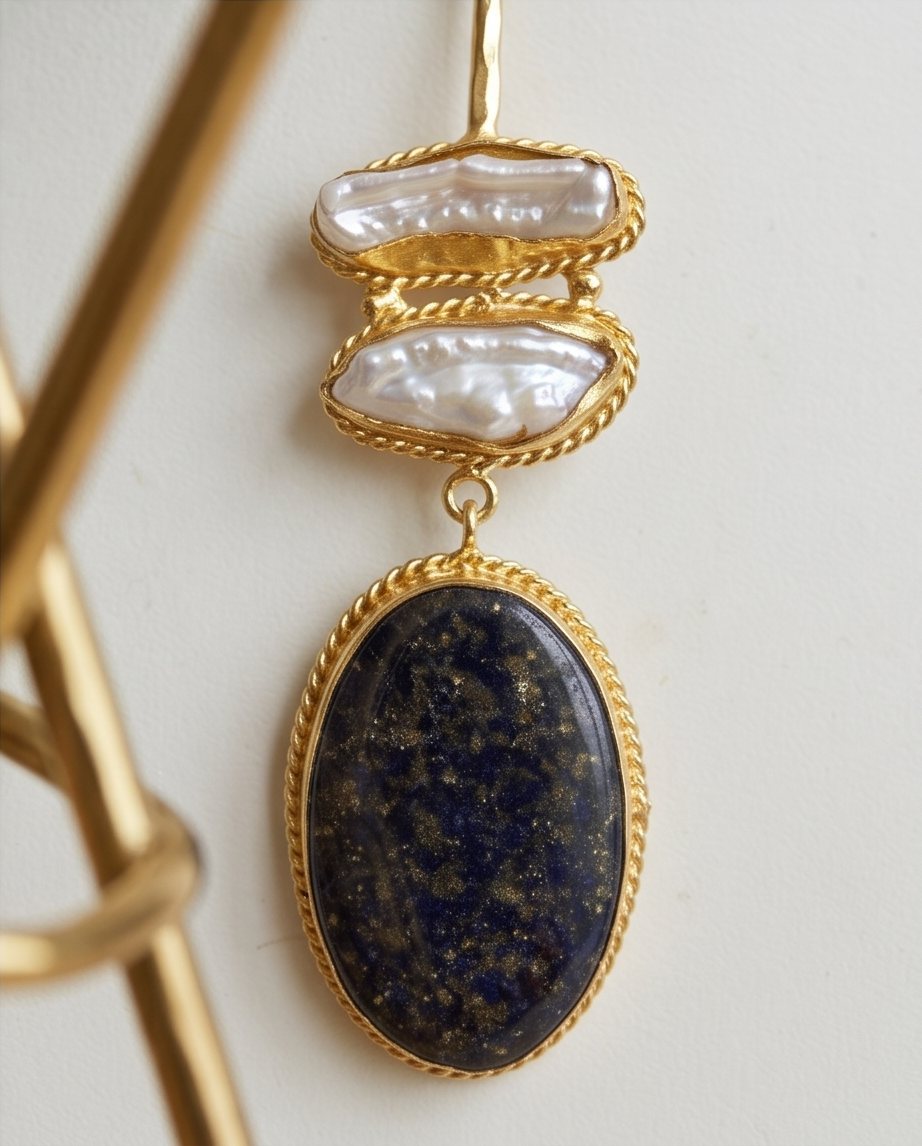 Torque Comète lapis-lazuli & perles de Biwa - Vue 3 - Pièce unique faite main