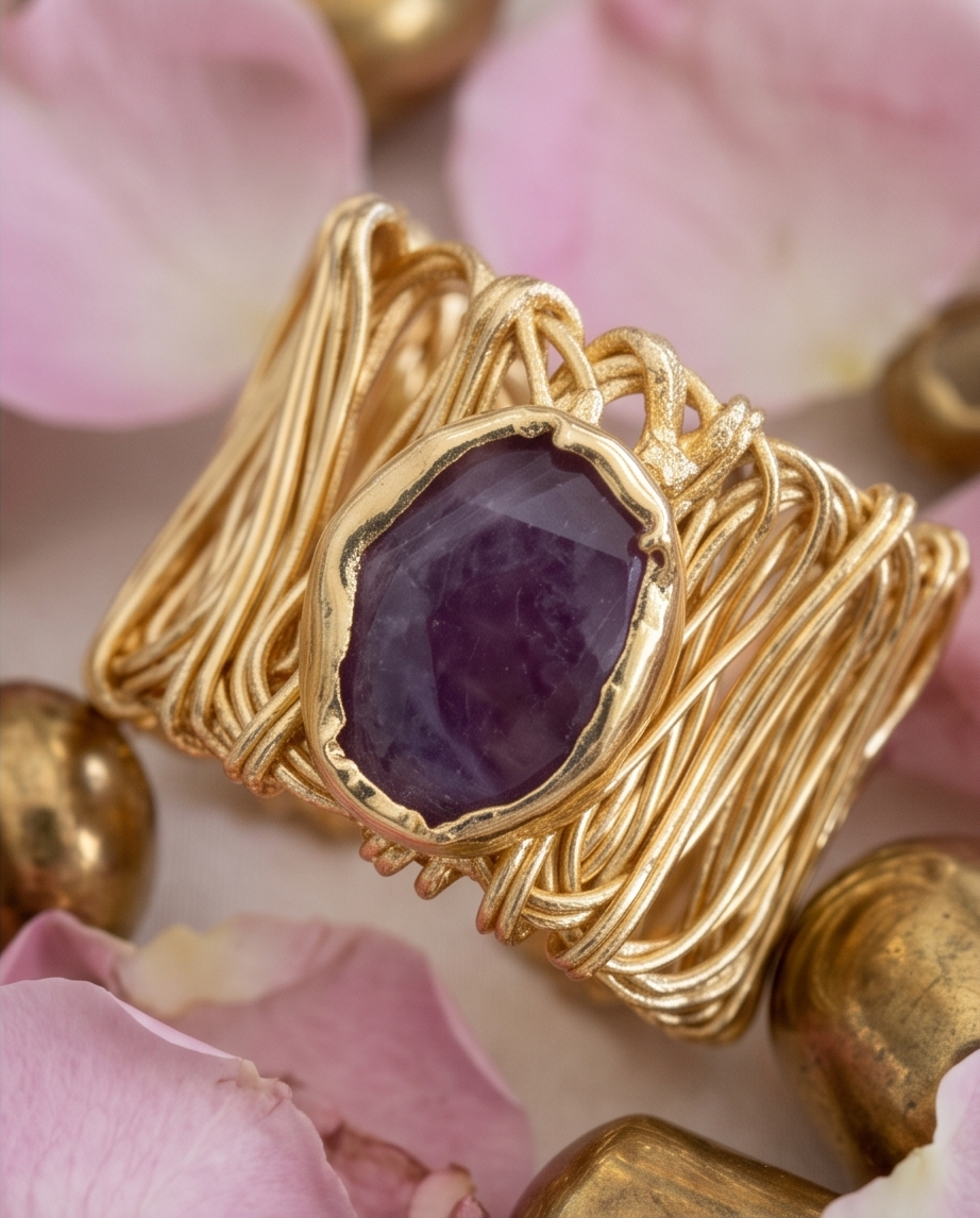 Bague Fil d’Or.  Améthyste polie