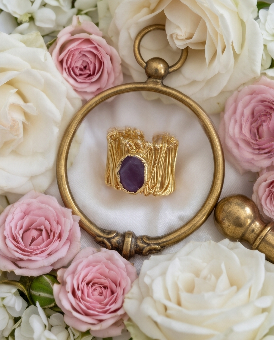 Bague Fil d’Or.  Améthyste polie - Vue 4 - Pièce unique faite main