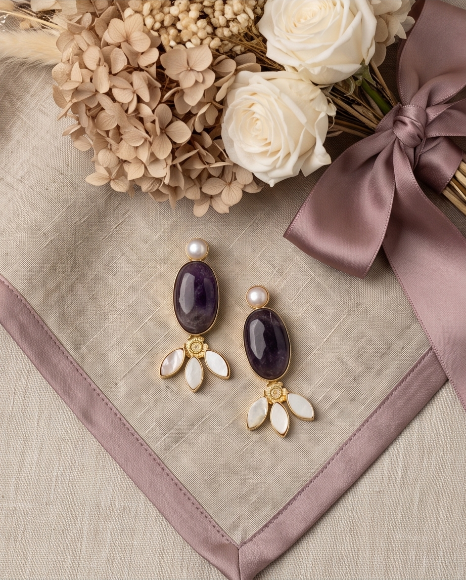 Boucles d’oreilles Fleurs Sauvages clous. Améthyste, perle de culture & nacre