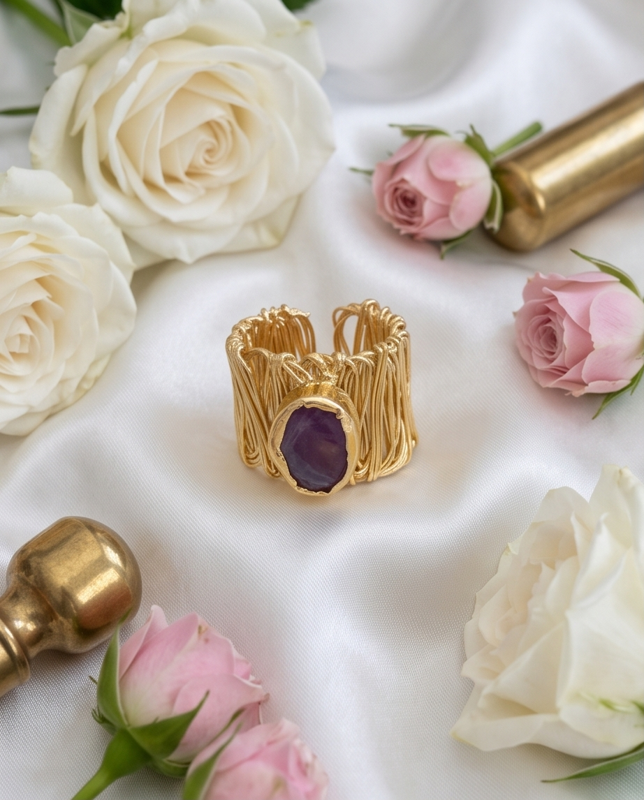 Bague Fil d’Or.  Améthyste polie - Vue 3 - Pièce unique faite main