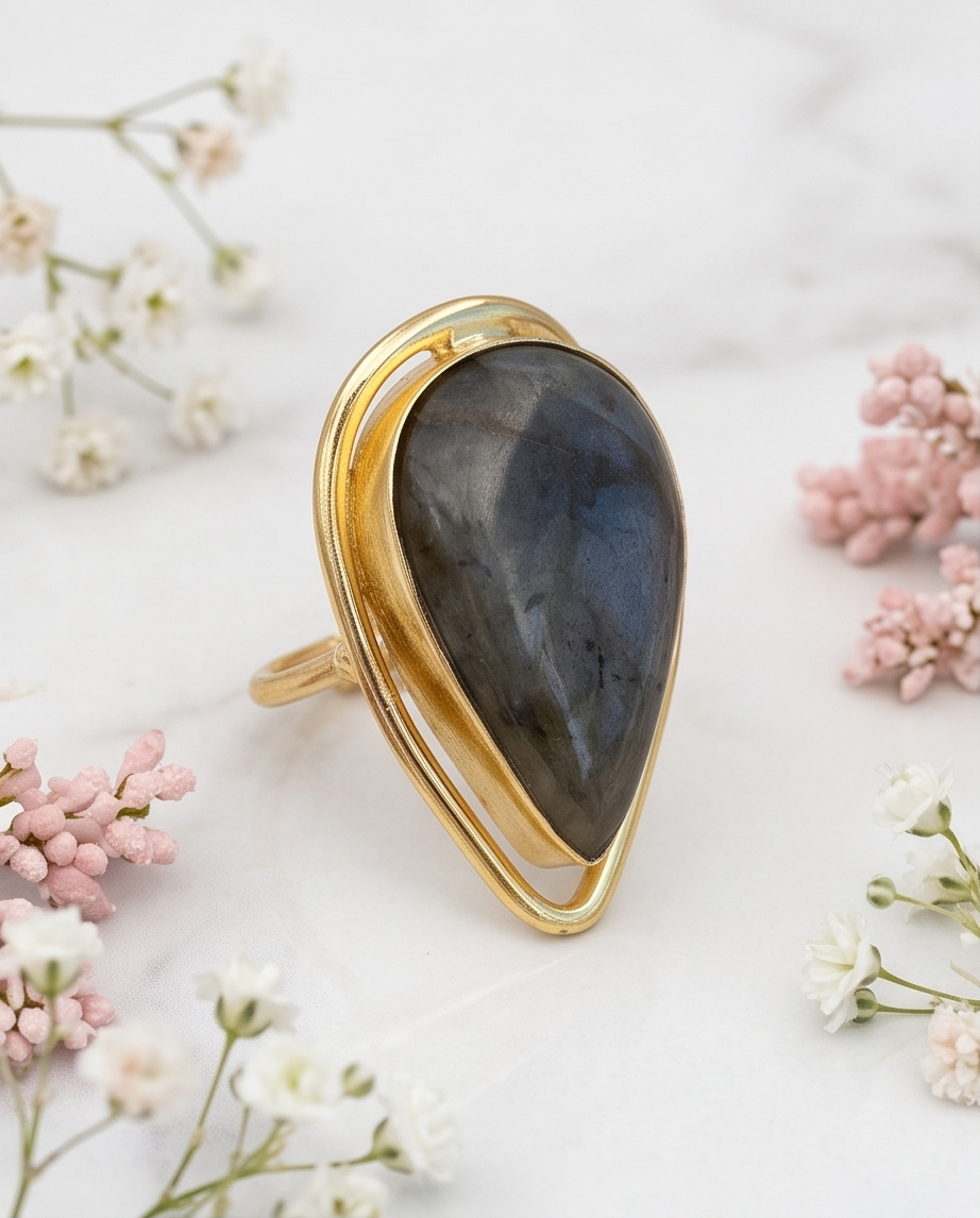 Bague  cabochon de labradorite - Vue 3 - Pièce unique faite main