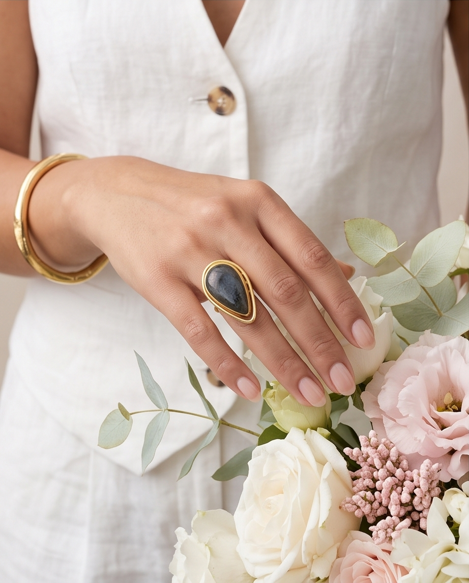 Bague  cabochon de labradorite - Vue 4 - Pièce unique faite main