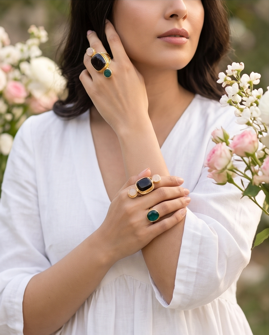 Bague ajustable trois pierres – améthyste, quartz rose & racine d’émeraude