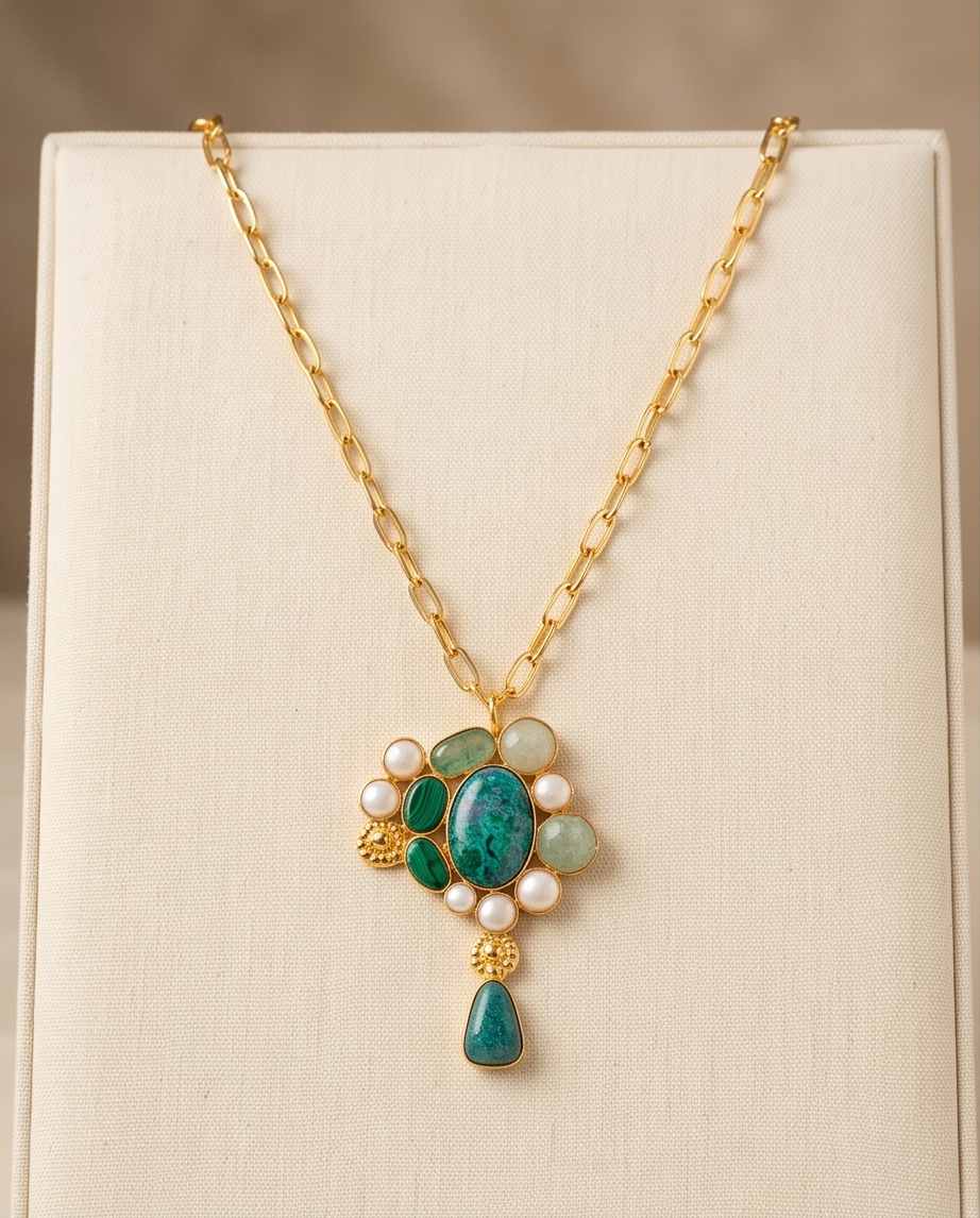 Pendentif apatite,  amazonite & perles de culture et sa chaine.