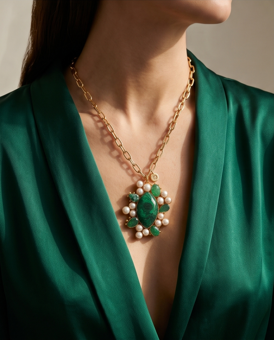Pendentif malachite, racine d’émeraude & perles de culture et sa chaine.