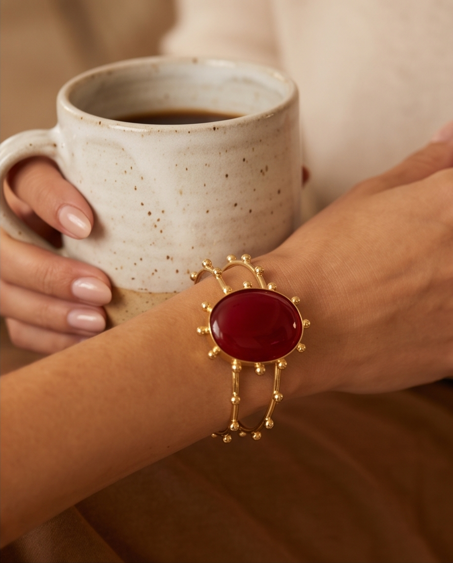 Bracelet manchette cornaline ovale à picots dorés. - Beeld 4 - Uniek handgemaakt sieraad