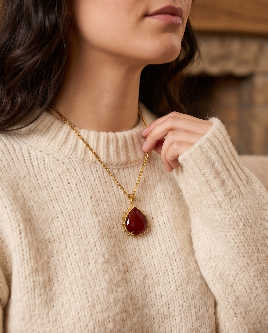 Pendentif cornaline à picots dorés et sa chaine. - Beeld 3 - Uniek handgemaakt sieraad