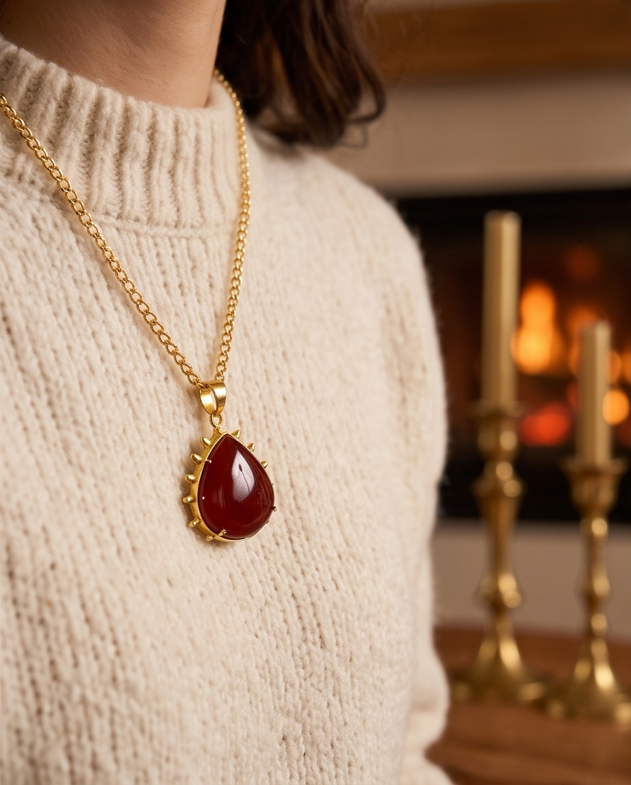 Pendentif cornaline à picots dorés et sa chaine. - Beeld 2 - Uniek handgemaakt sieraad