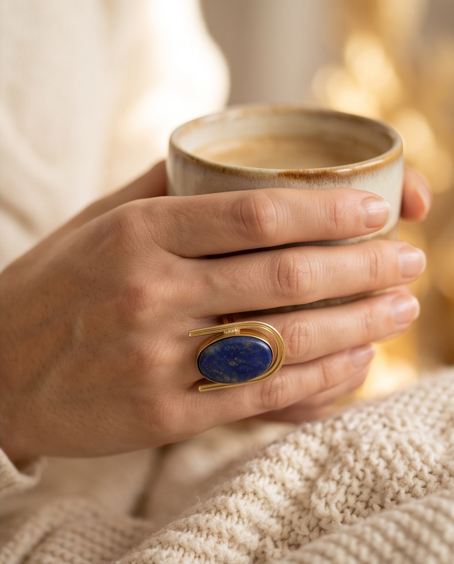 Bague lapis-lazuli ovale arche dorée - View 2 - Unique handmade piece