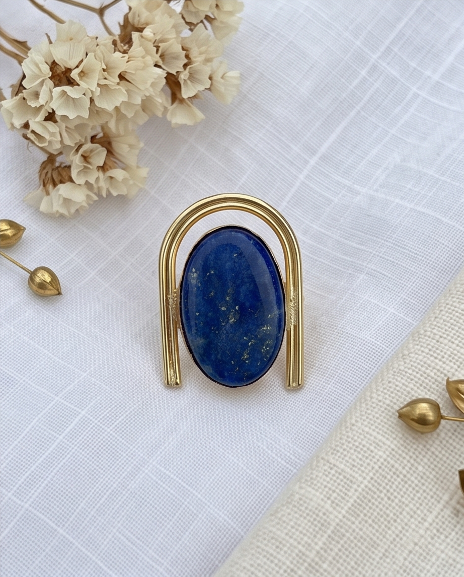Bague lapis-lazuli ovale arche dorée - View 3 - Unique handmade piece
