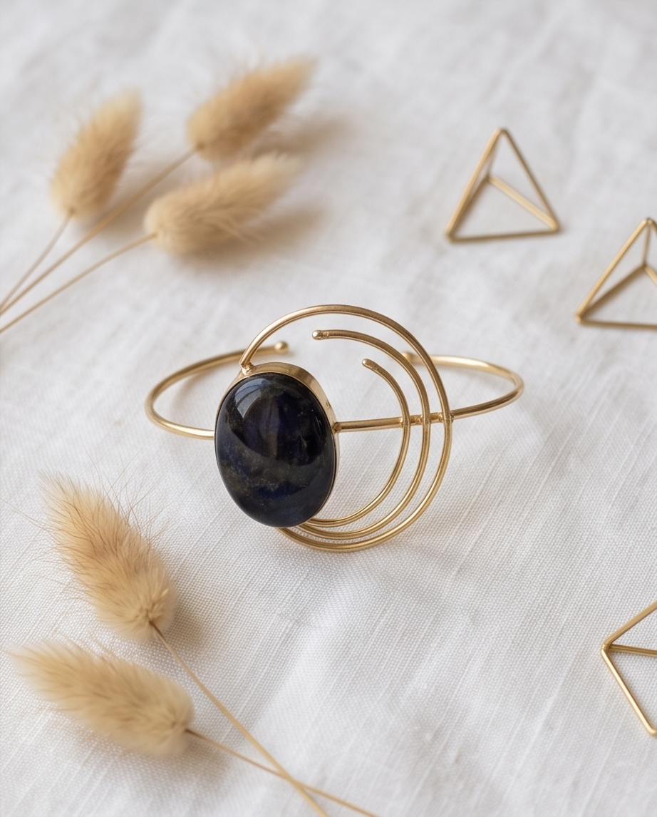 Bracelet manchette labradorite ovale à cercles dorés - Beeld 1 - Uniek handgemaakt sieraad