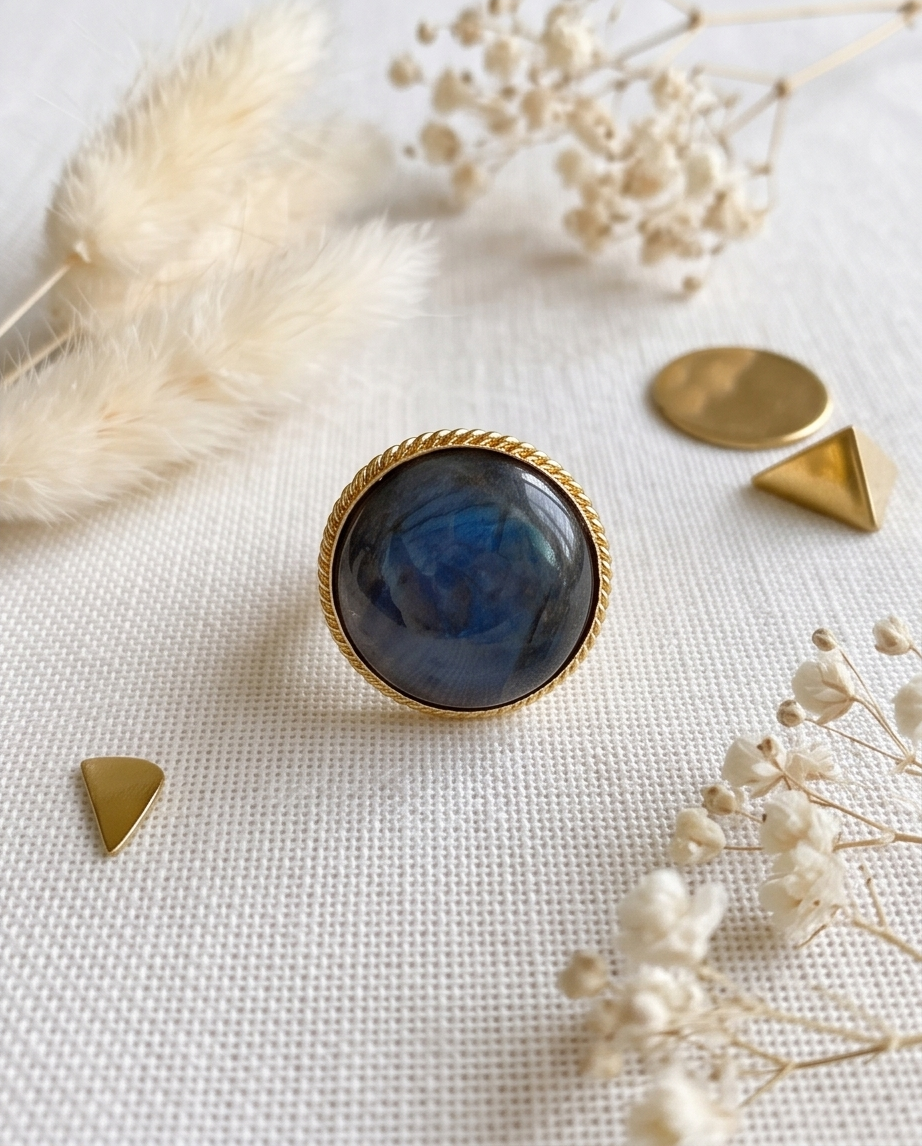 Bague labradorite ronde à contour torsadé doré - Vue 1 - Pièce unique faite main