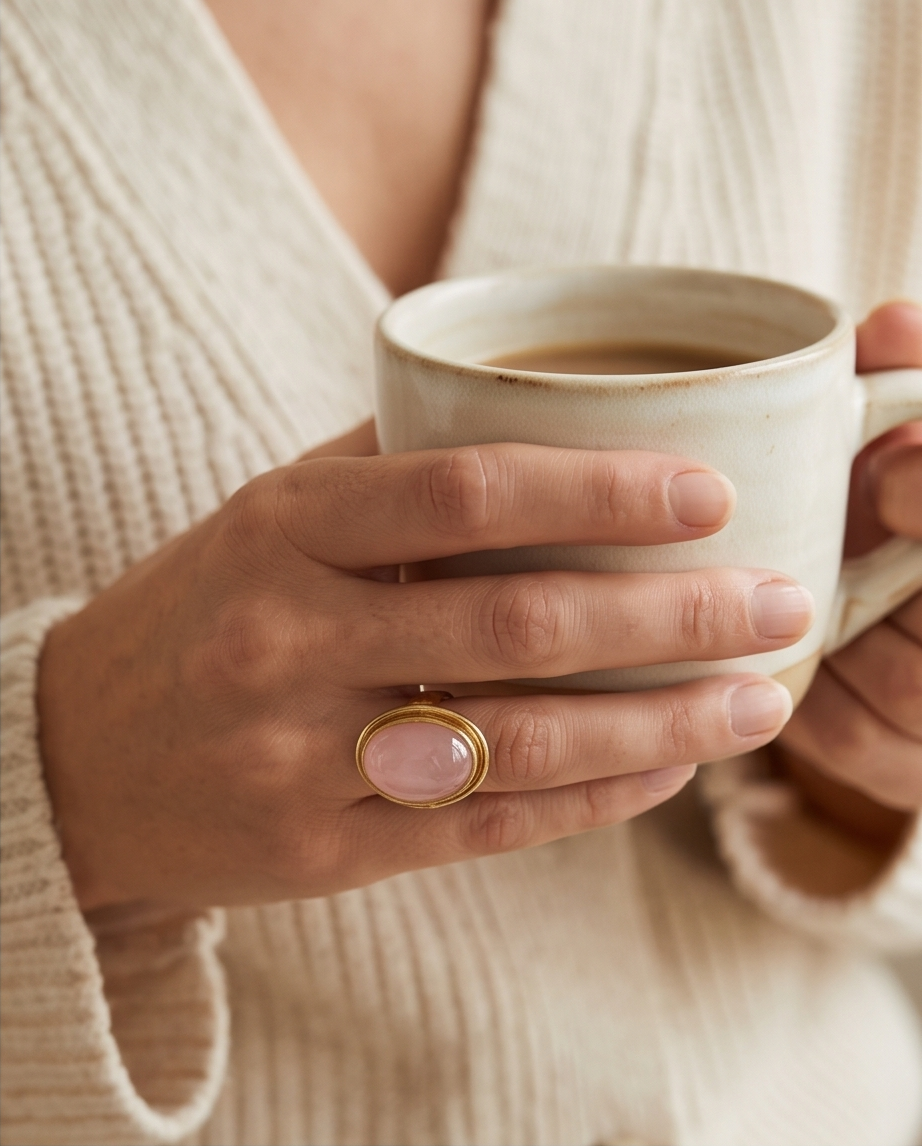 Bague quartz rose ovale à double contour doré. - Beeld 3 - Uniek handgemaakt sieraad