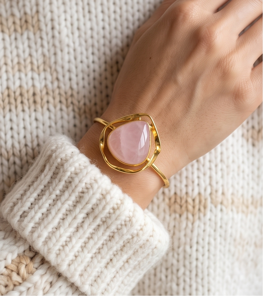 Bracelet jonc quartz rose goutte à monture graphique. - Beeld 3 - Uniek handgemaakt sieraad