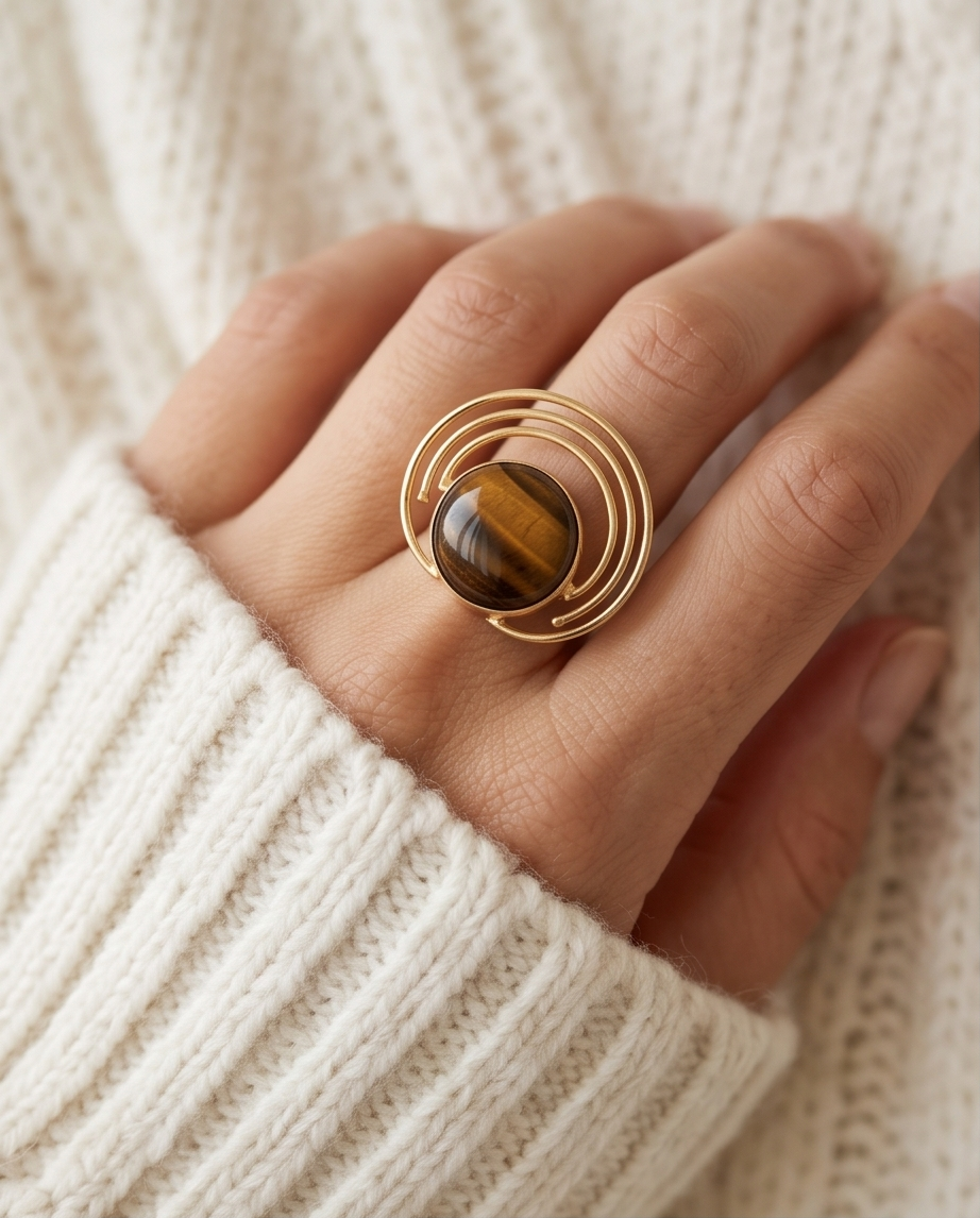 Bague œil de tigre ronde à cercles dorés - Beeld 2 - Uniek handgemaakt sieraad