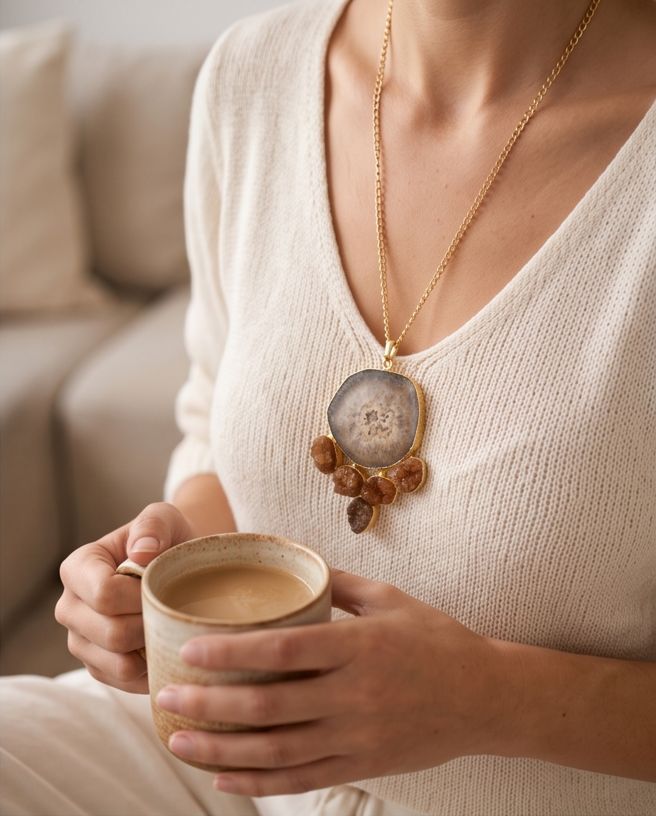 Pendentif agate druse marron multipierres - Beeld 3 - Uniek handgemaakt sieraad