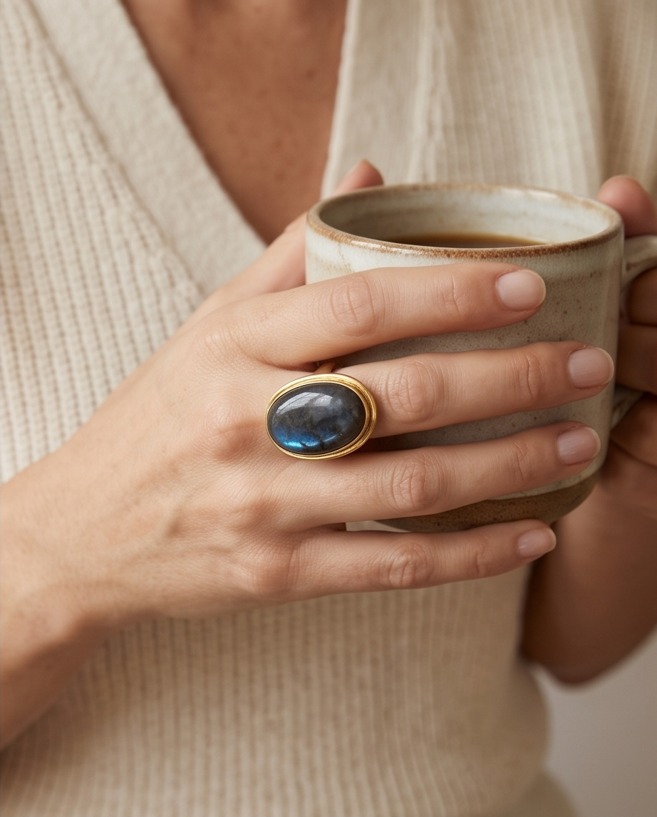 Bague labradorite cabochon - Beeld 3 - Uniek handgemaakt sieraad