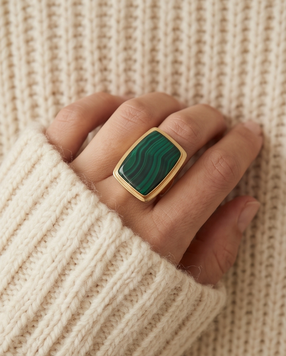 Bague malachite cabochon - Beeld 2 - Uniek handgemaakt sieraad